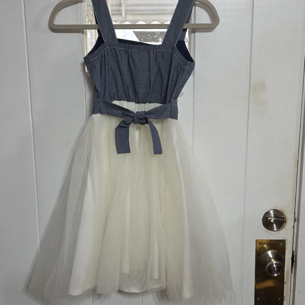 Bonnie‎ Jean Girls Chambray Denim Dress White Tulle Lace Ties Sz 14 EUC